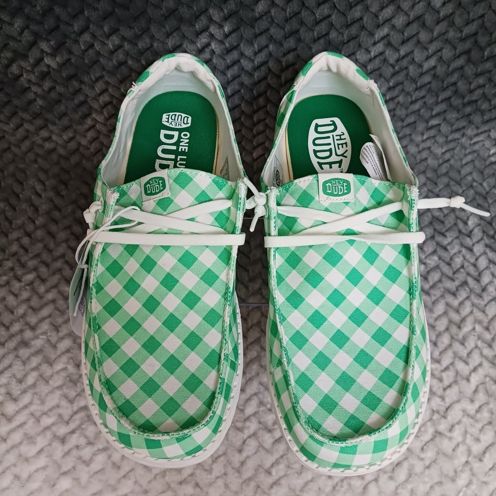 Hey Dude Wendy Shamrock Gingham Green White Women's Casual Slip-on Shoes Size 10 - Picture 5 of 12